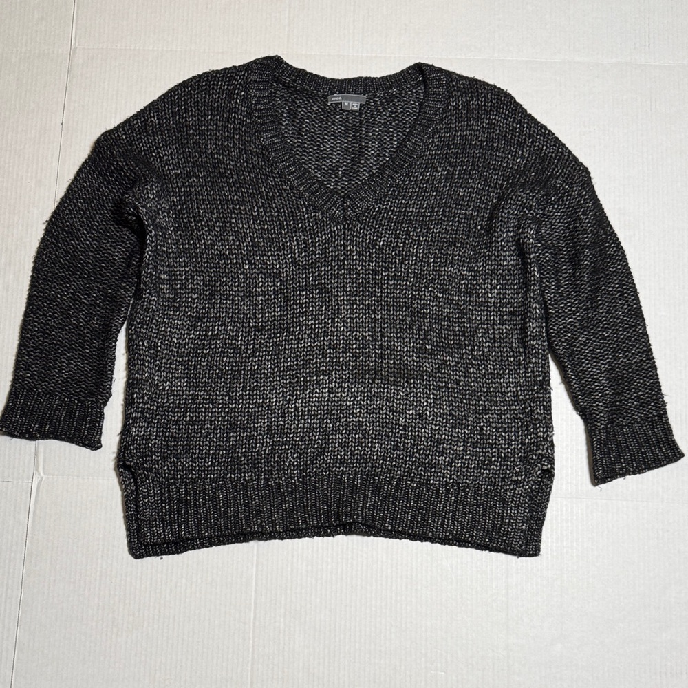 VINCE Women's Wool Silk Blend Oversized Black Gray V-Neck Sweater Boxy Fit M